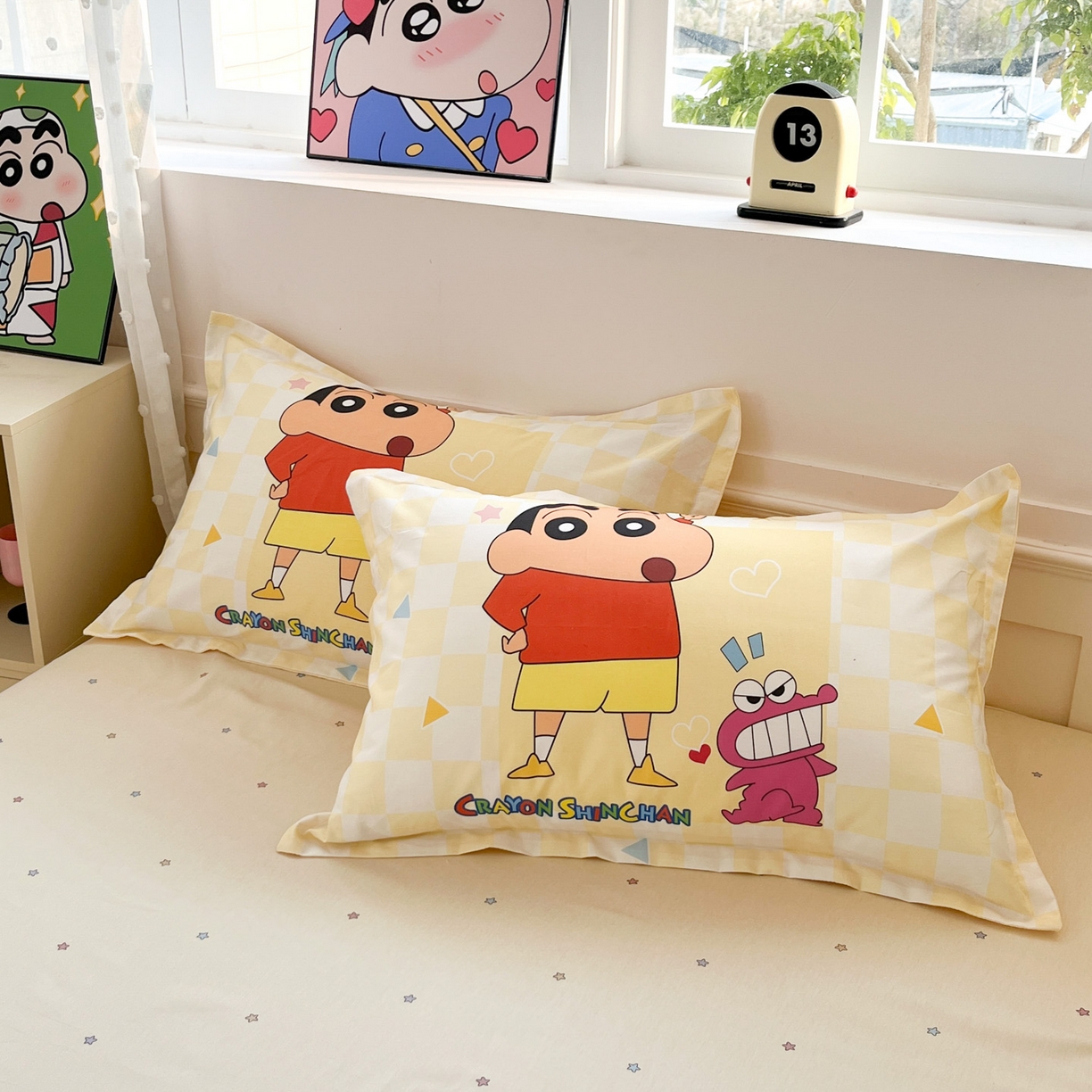 博雅 2026新款蜡笔小新正版授权全棉纯棉大版枕套单品枕套枕套单件 大版-奶白格子小新