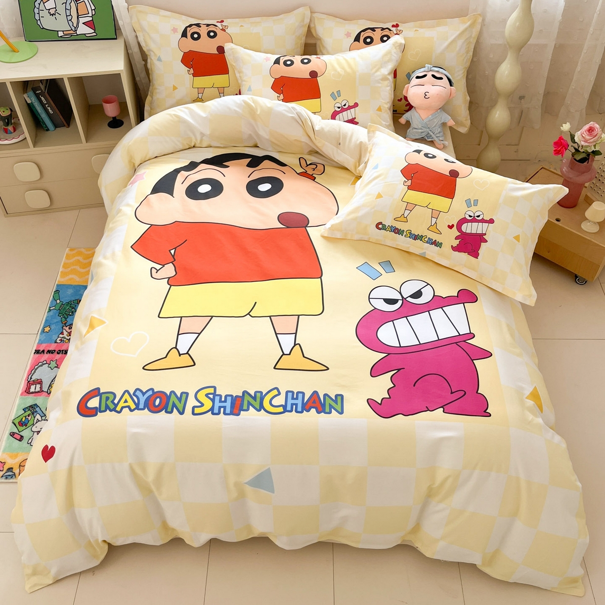 91家纺网 家纺一手货源 找家纺 博雅 2026新款蜡笔小新正版授权全棉纯棉大版枕套单品枕套枕套单件 大版-奶白格子小新