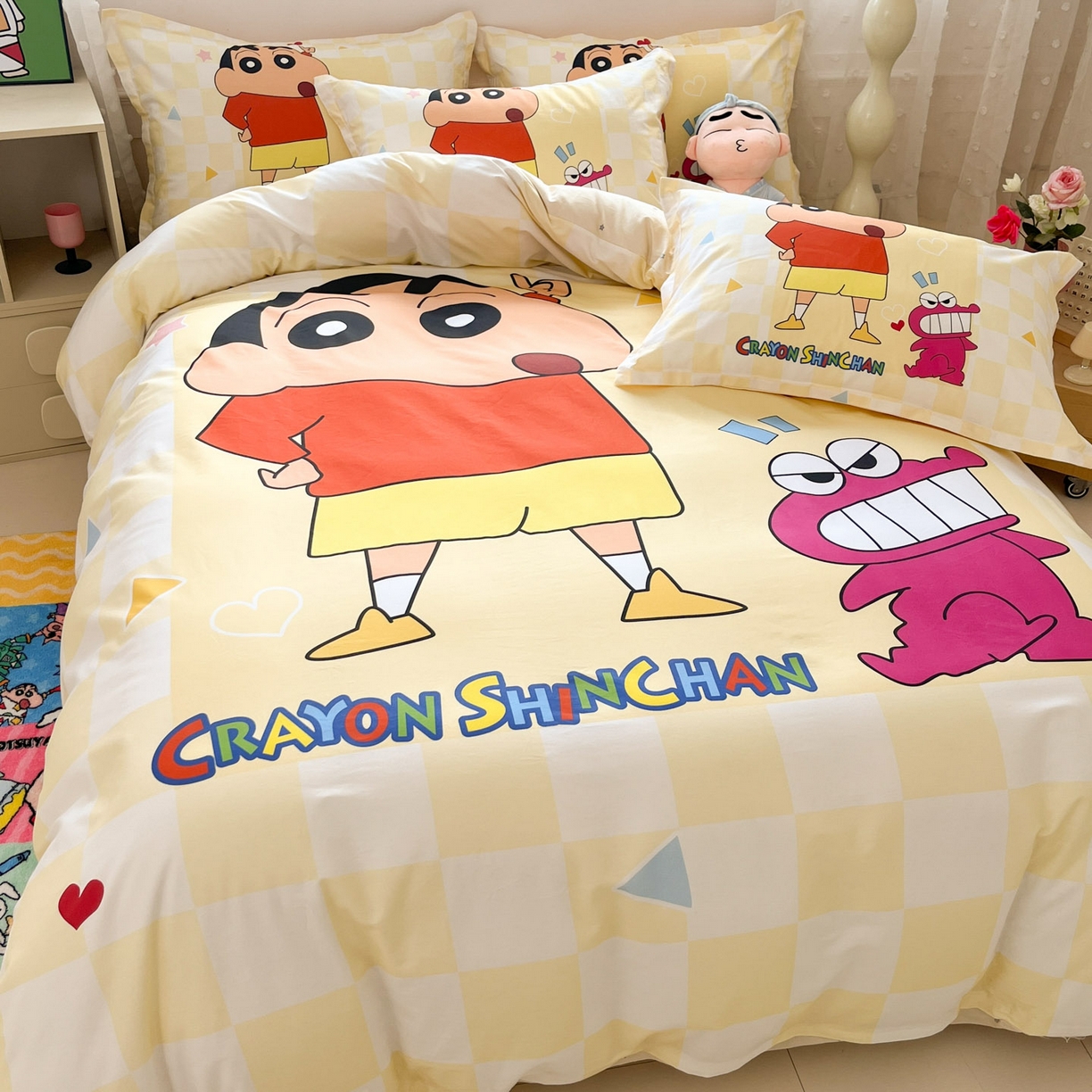 91家纺网 家纺一手货源 找家纺 博雅 2026新款蜡笔小新正版授权全棉纯棉大版枕套单品枕套枕套单件 大版-奶白格子小新