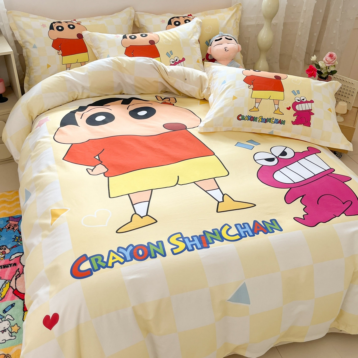 91家纺网 家纺一手货源 找家纺 博雅 2026新款蜡笔小新正版授权全棉纯棉大版枕套单品枕套枕套单件 大版-奶白格子小新