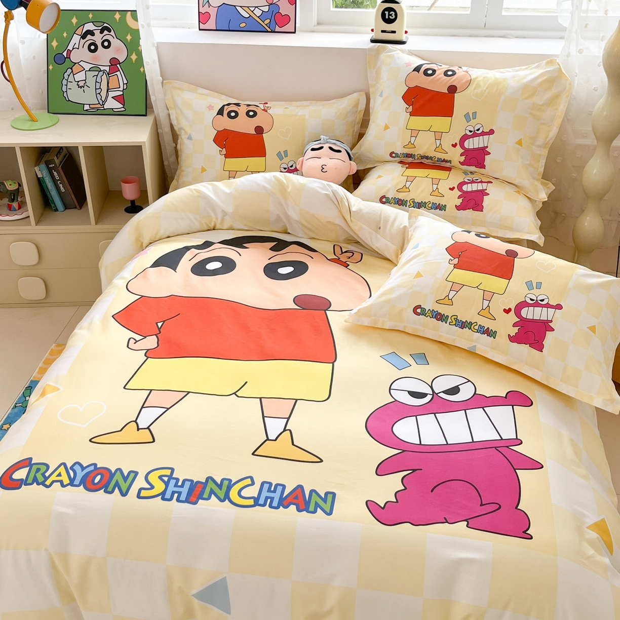 91家纺网 家纺一手货源 找家纺 博雅 2026新款蜡笔小新正版授权全棉纯棉大版枕套单品枕套枕套单件 大版-奶白格子小新