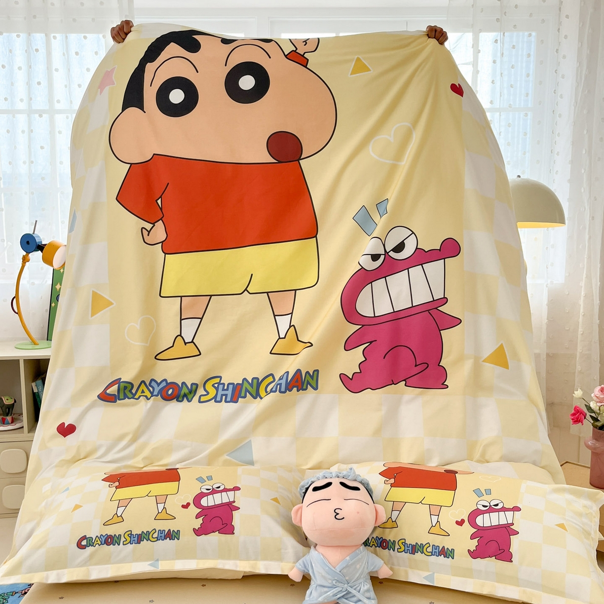 91家纺网 家纺一手货源 找家纺 博雅 2026新款蜡笔小新正版授权全棉纯棉大版枕套单品枕套枕套单件 大版-奶白格子小新