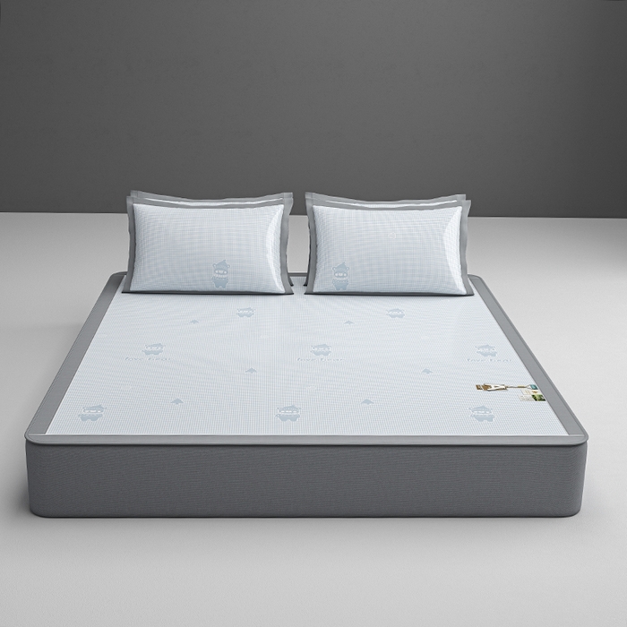 91家纺网 家纺一手货源 找家纺 小牛席业 2026新款【建模风格】双PE高凉感-韩版小熊提花冰丝席席子凉席-床笠款 蓝色