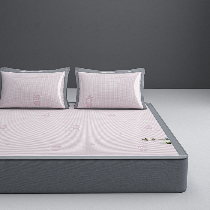 91家纺网 家纺一手货源 找家纺 小牛席业 2026新款【建模风格】双PE高凉感-韩版小熊提花冰丝席席子凉席-床笠款 粉色