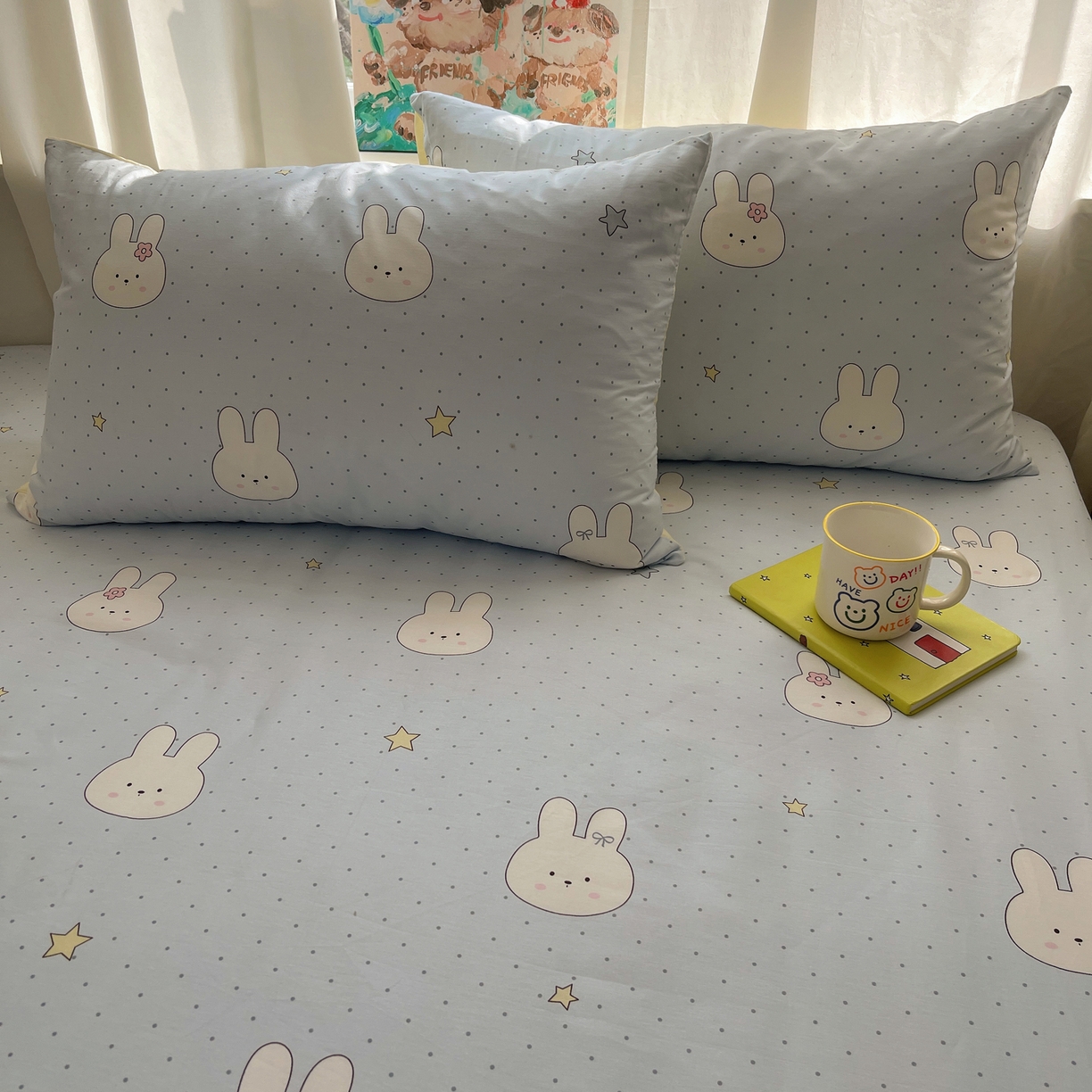 91家纺网 家纺一手货源 找家纺 六巷胡同 2026新款40支全棉13070INS卡通全棉单品枕套 蓝调波点兔