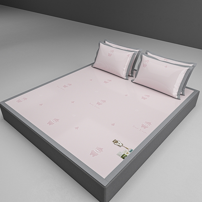 91家纺网 家纺一手货源 找家纺 小牛席业 2026新款【建模风格】双PE高凉感-韩版小熊提花冰丝席席子凉席 粉色