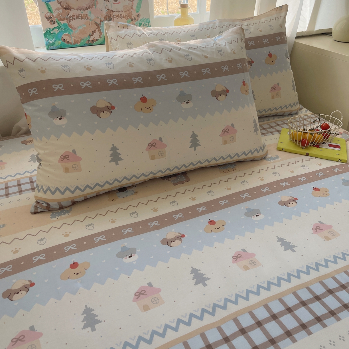 六巷胡同 2026新款40支全棉13070INS卡通全棉单品枕套 费尔岛狗狗