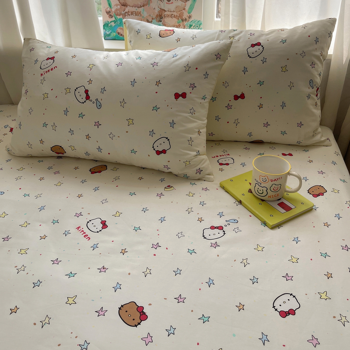 91家纺网 家纺一手货源 找家纺 六巷胡同 2026新款40支全棉13070INS卡通全棉单品枕套 星星萝莉猫
