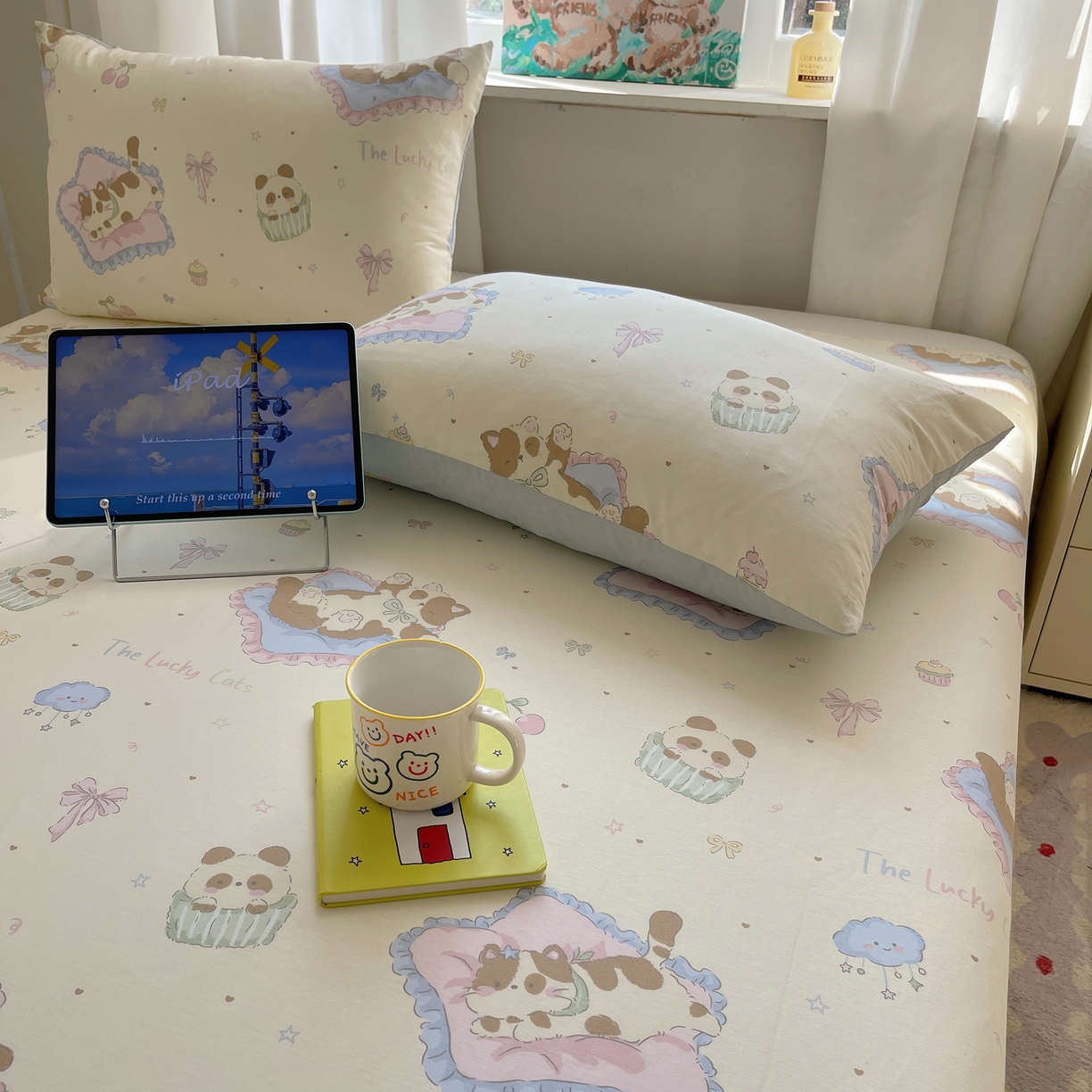 91家纺网 家纺一手货源 找家纺 六巷胡同 2026新款40支全棉13070INS卡通全棉单品枕套 慵懒猫咪崽