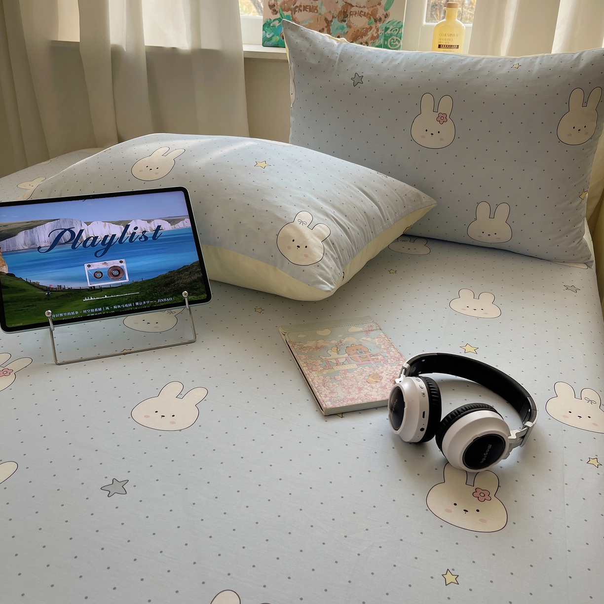 91家纺网 家纺一手货源 找家纺 六巷胡同 2026新款40支全棉13070INS卡通全棉单品枕套 蓝调波点兔