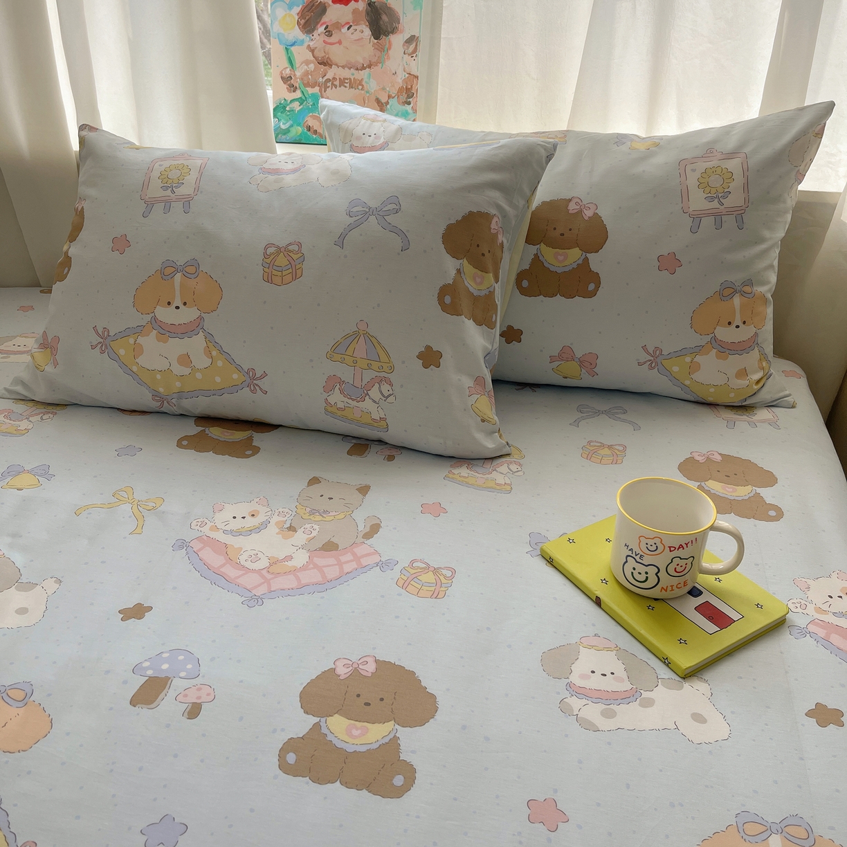 91家纺网 家纺一手货源 找家纺 六巷胡同 2026新款40支全棉13070INS卡通全棉单品枕套 猫狗游园会