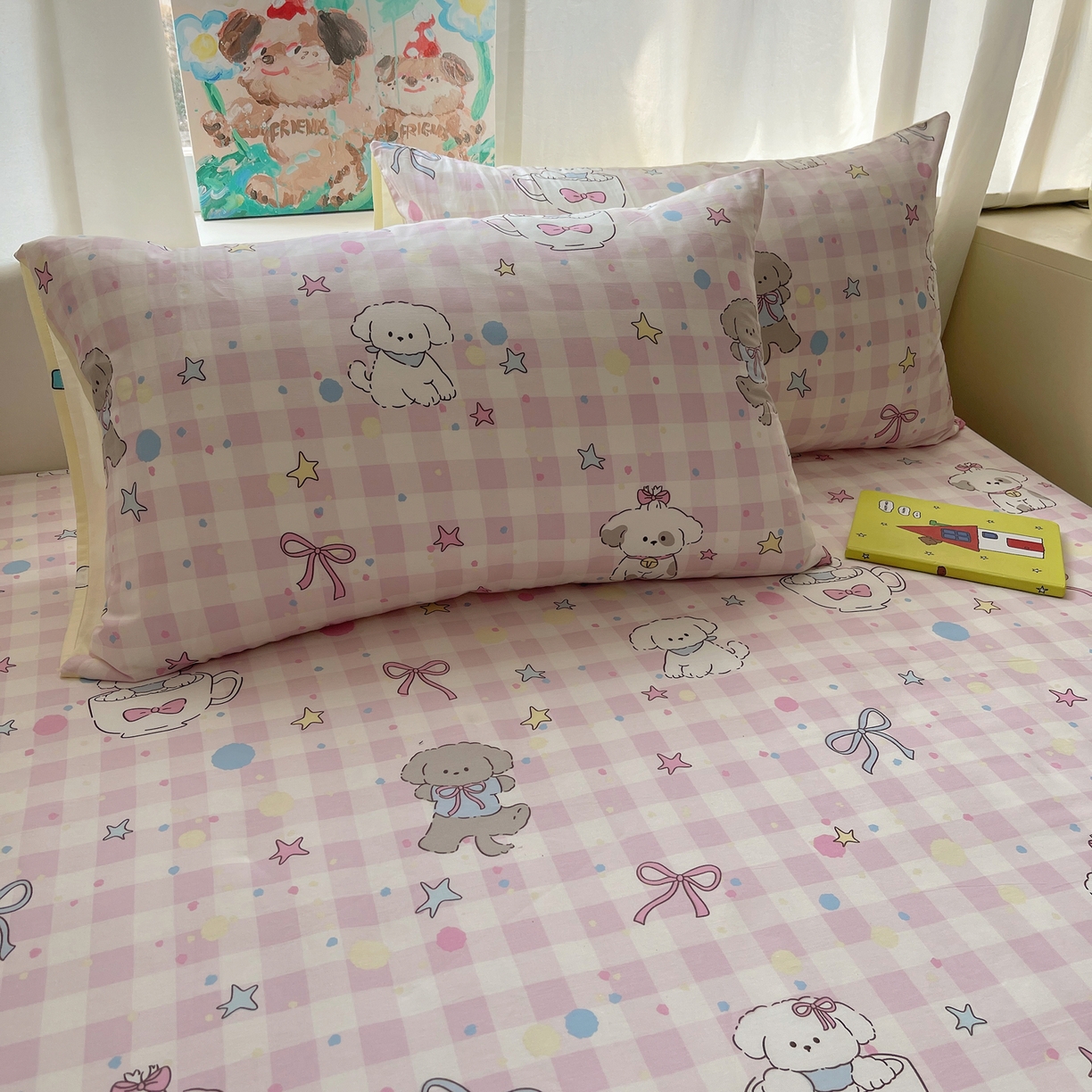 六巷胡同 2026新款40支全棉13070INS卡通全棉单品枕套 粉格趣味犬