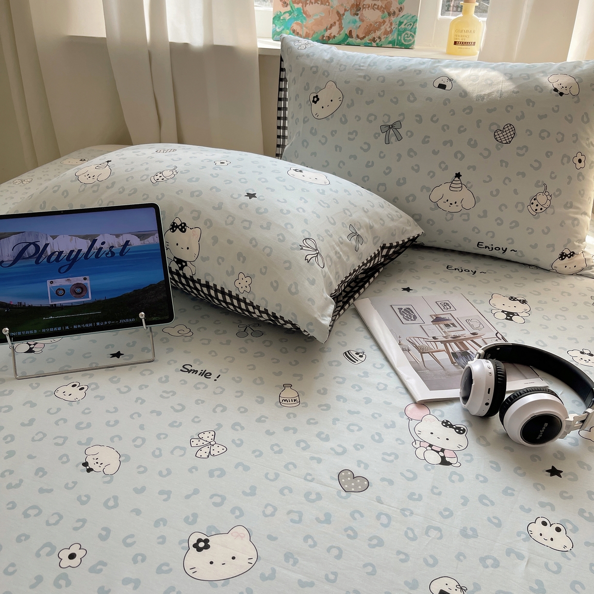 91家纺网 家纺一手货源 找家纺 六巷胡同 2026新款40支全棉13070INS卡通全棉单品枕套 海盐豹纹猫