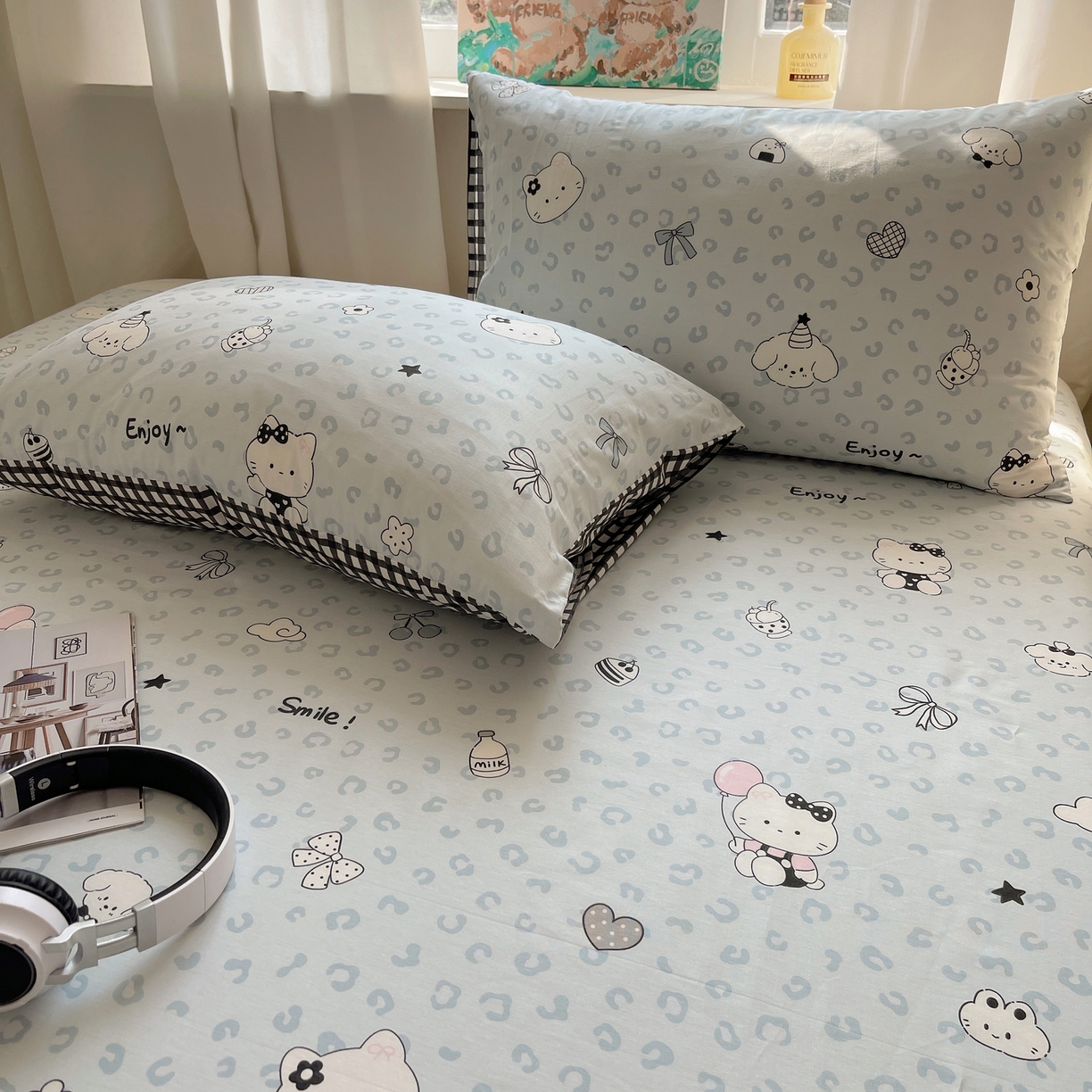 91家纺网 家纺一手货源 找家纺 六巷胡同 2026新款40支全棉13070INS卡通全棉单品枕套 海盐豹纹猫