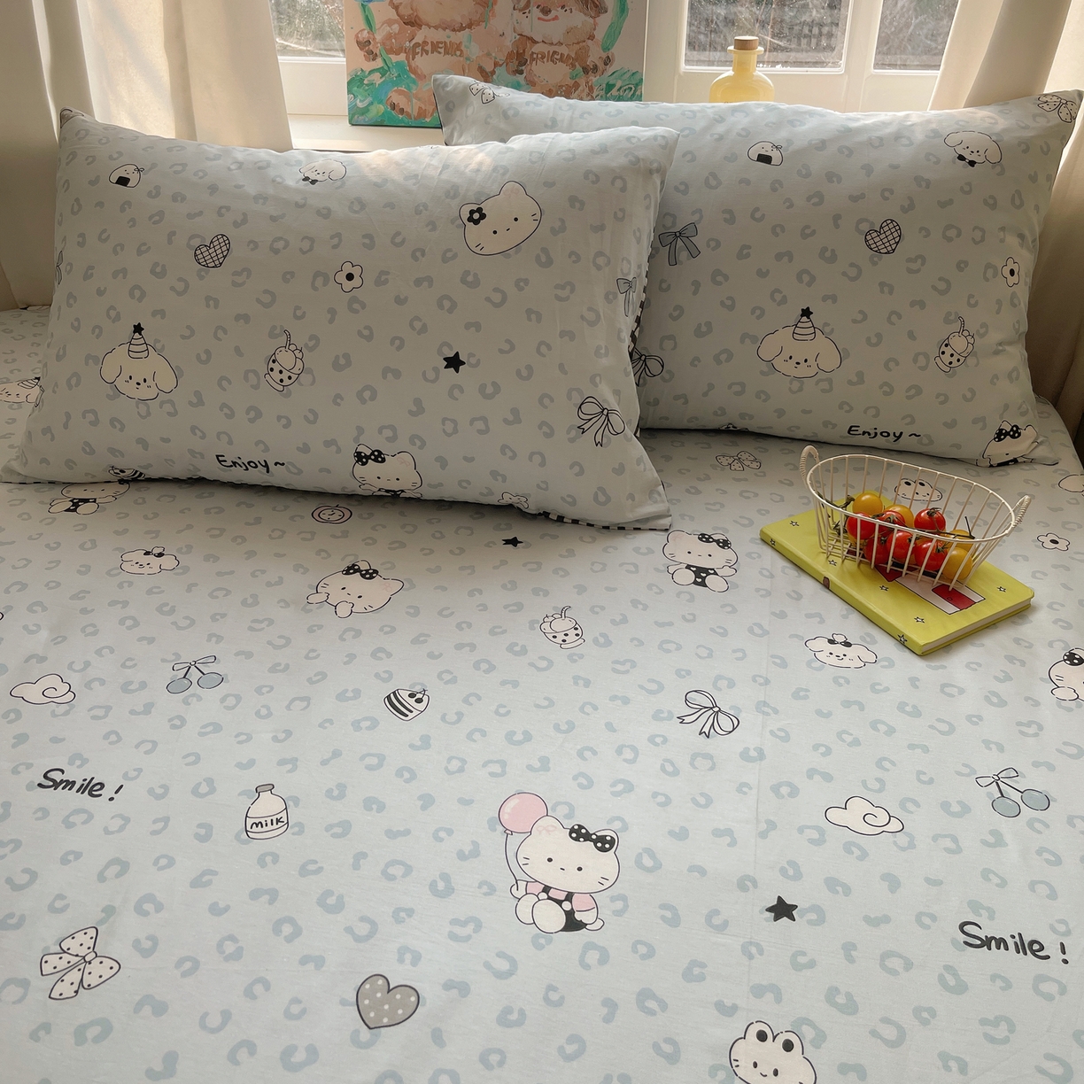 91家纺网 家纺一手货源 找家纺 六巷胡同 2026新款40支全棉13070INS卡通全棉单品枕套 海盐豹纹猫