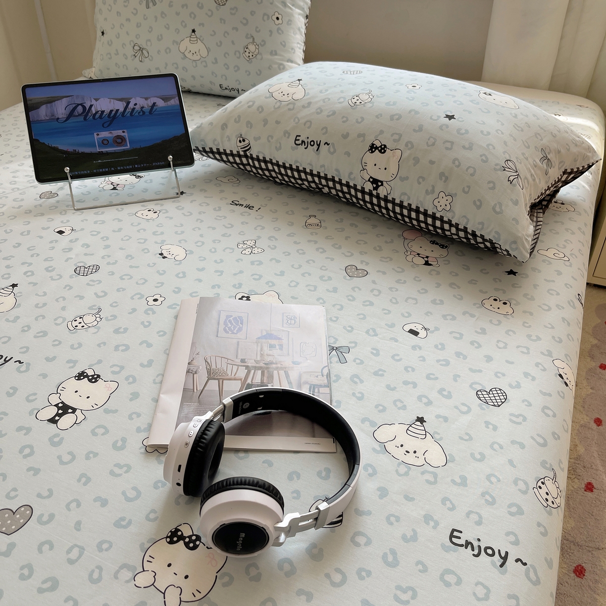 91家纺网 家纺一手货源 找家纺 六巷胡同 2026新款40支全棉13070INS卡通全棉单品枕套 海盐豹纹猫