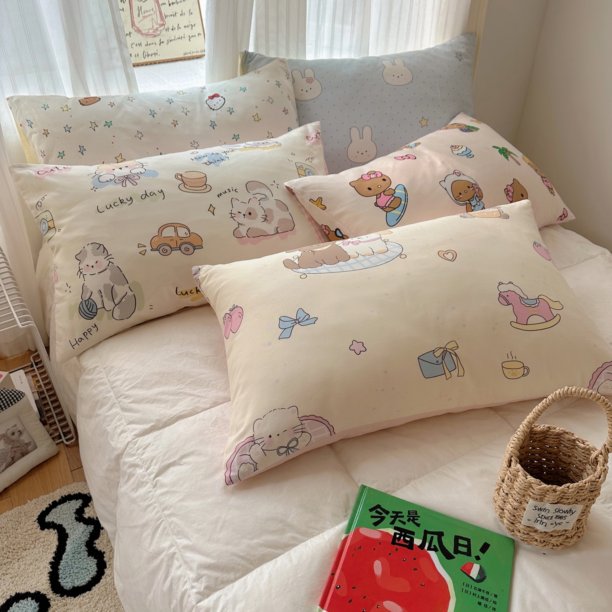 91家纺网 家纺一手货源 找家纺 六巷胡同 2026新款40支全棉13070INS卡通全棉单品枕套 组合叠拍图