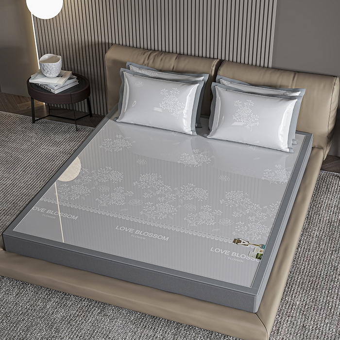 91家纺网 家纺一手货源 找家纺 小牛席业 2026新款【建模风格】PE清新叶语冰丝席席子凉席 灰色