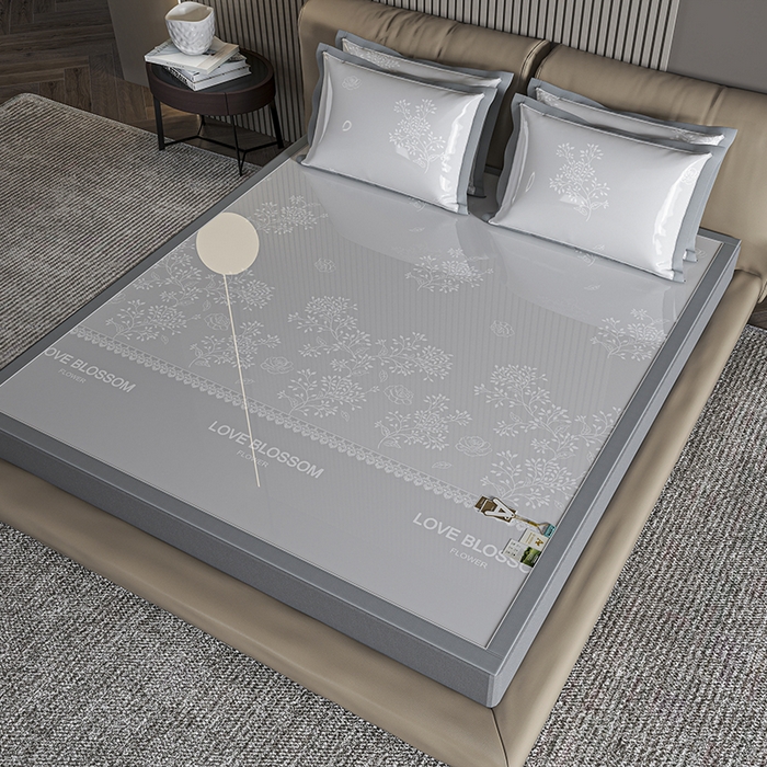 91家纺网 家纺一手货源 找家纺 小牛席业 2026新款【建模风格】PE清新叶语冰丝席席子凉席 灰色