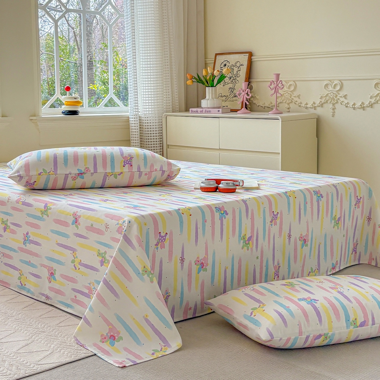 91家纺网 家纺一手货源 找家纺 青泽家纺 2025新款原棉标老粗布系列床单三件套 彩虹小马