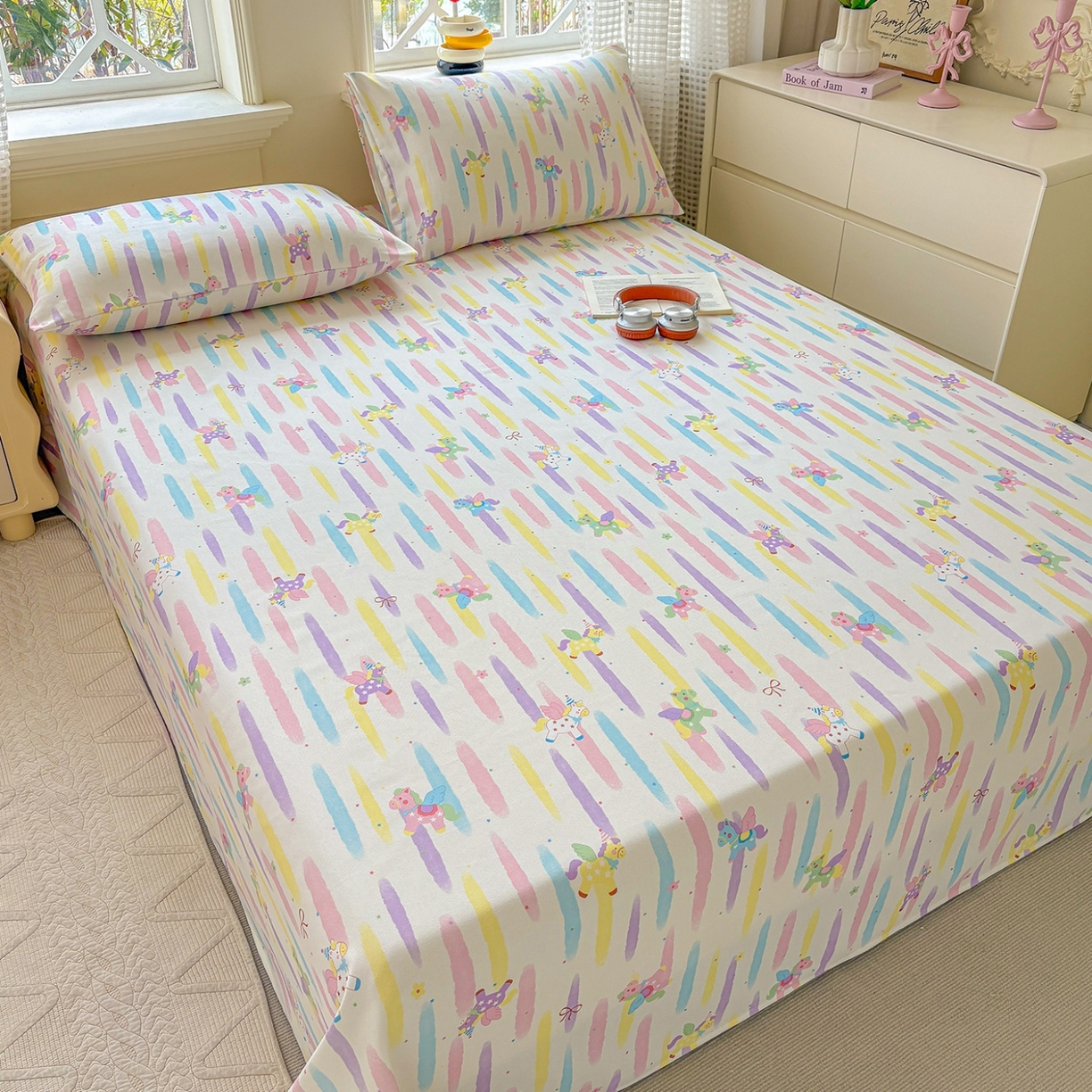 91家纺网 家纺一手货源 找家纺 青泽家纺 2025新款原棉标老粗布系列床单三件套 彩虹小马