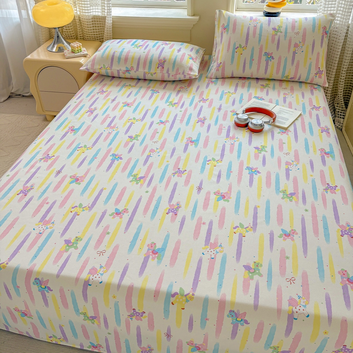 91家纺网 家纺一手货源 找家纺 青泽家纺 2025新款原棉标老粗布系列床单三件套 彩虹小马