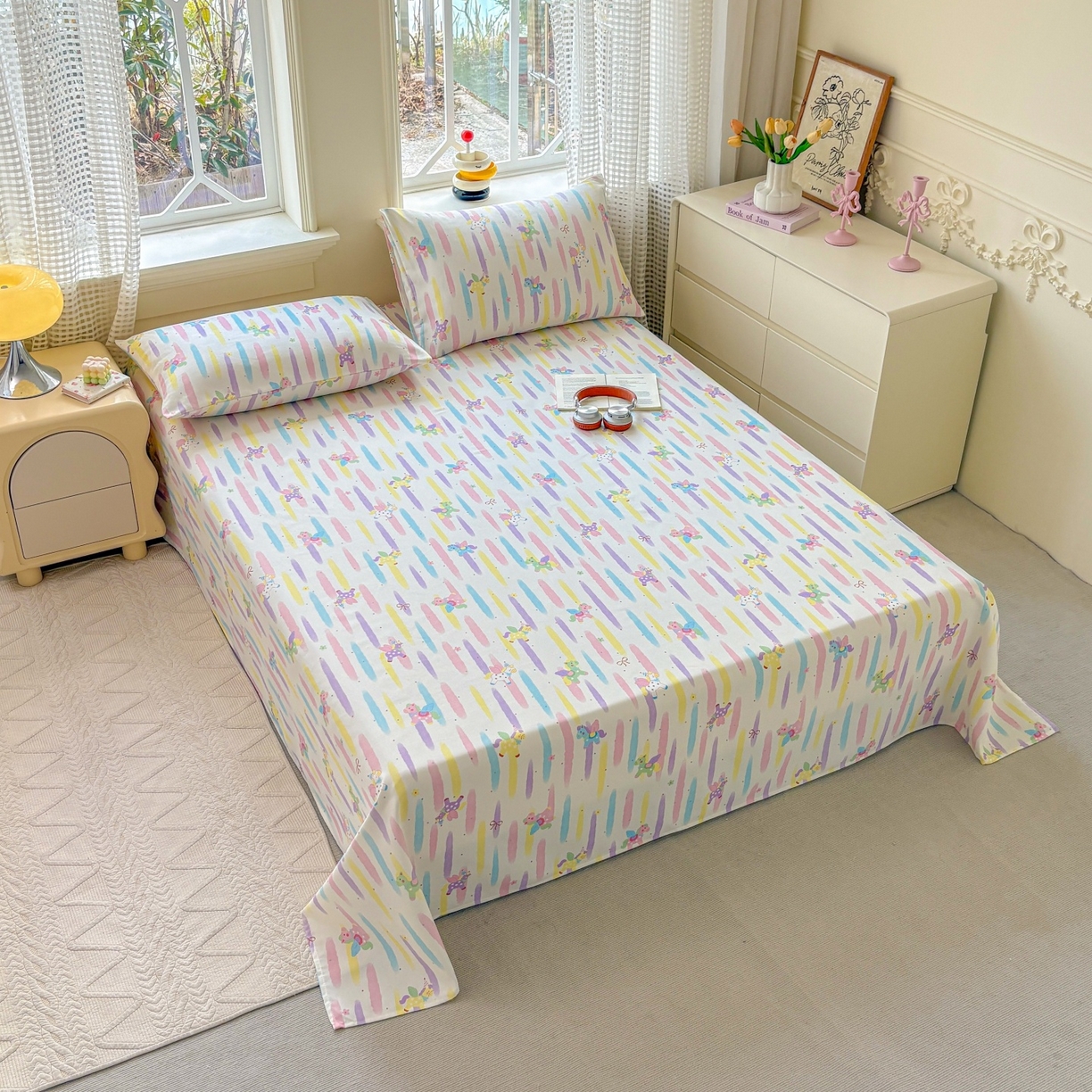 91家纺网 家纺一手货源 找家纺 青泽家纺 2025新款原棉标老粗布系列床单三件套 彩虹小马