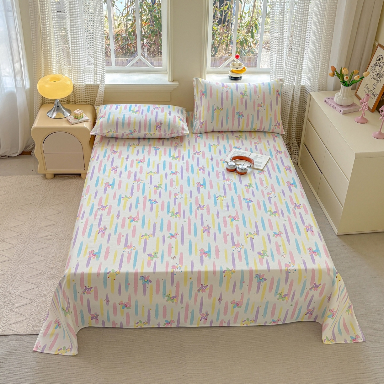 91家纺网 家纺一手货源 找家纺 青泽家纺 2025新款原棉标老粗布系列床单三件套 彩虹小马