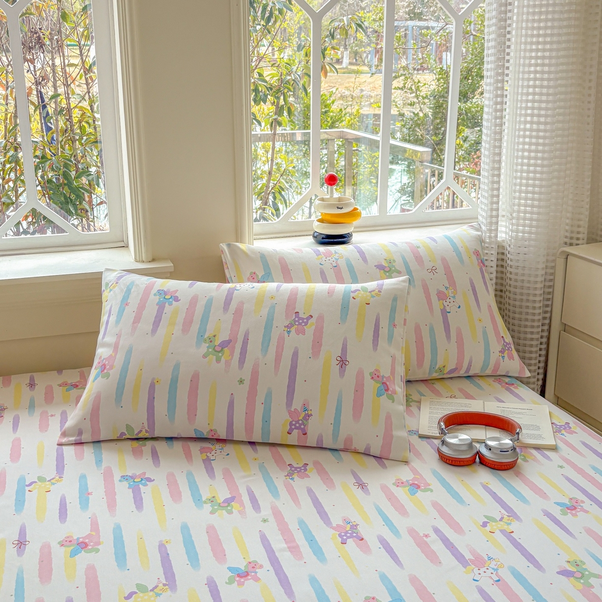 91家纺网 家纺一手货源 找家纺 青泽家纺 2025新款原棉标老粗布系列床单三件套 彩虹小马