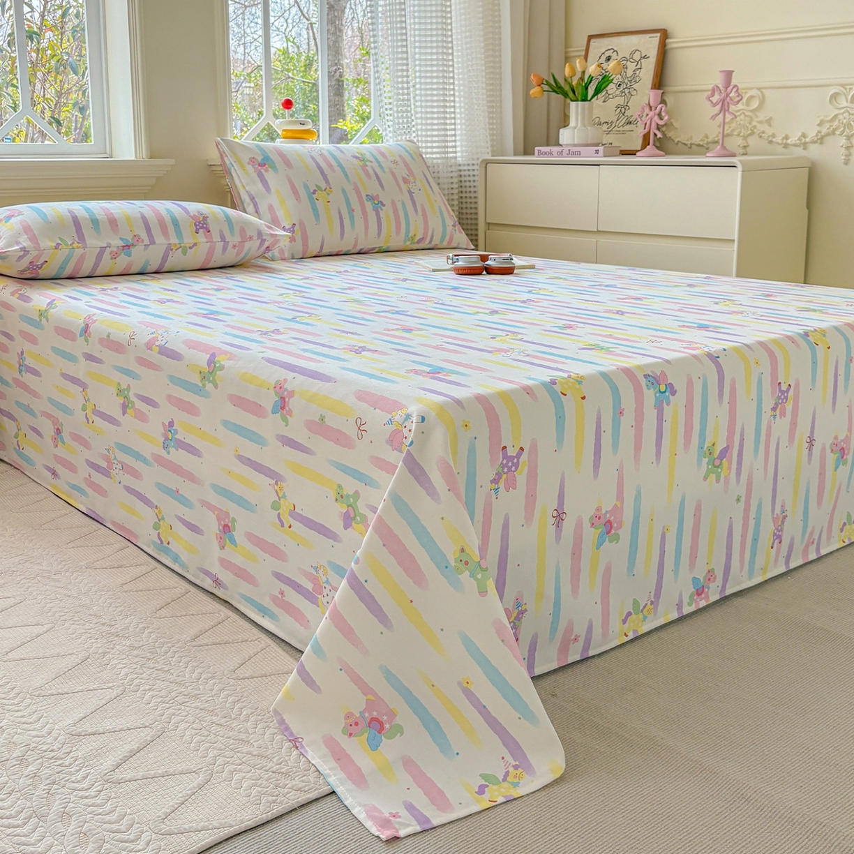 91家纺网 家纺一手货源 找家纺 青泽家纺 2025新款原棉标老粗布系列床单三件套 彩虹小马