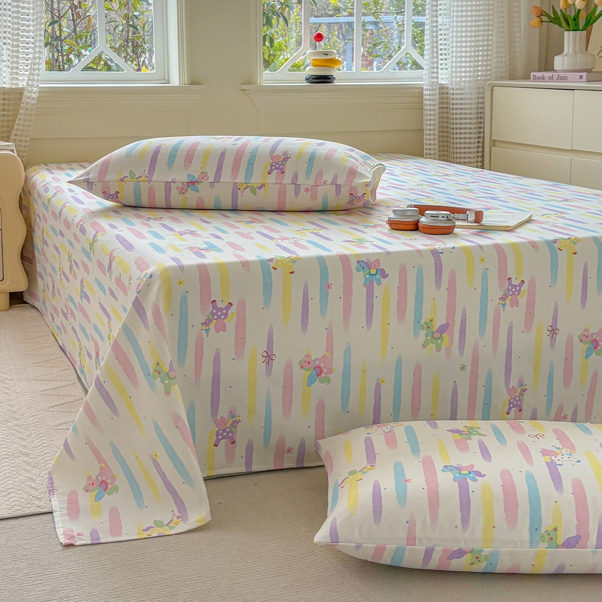 91家纺网 家纺一手货源 找家纺 青泽家纺 2025新款原棉标老粗布系列床单三件套 彩虹小马