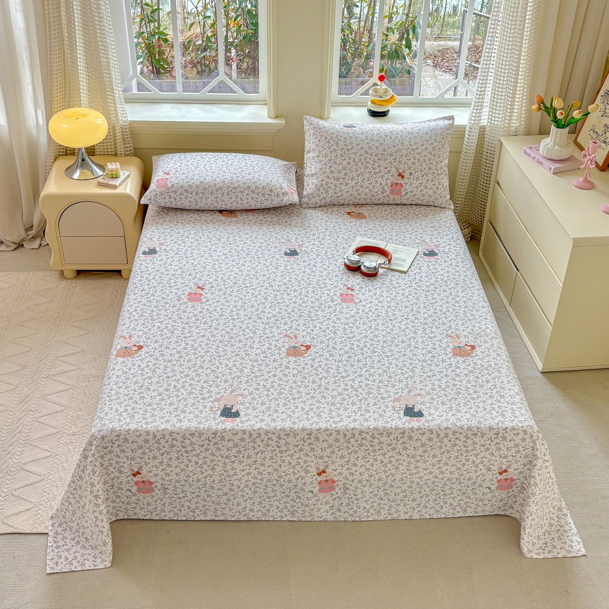 91家纺网 家纺一手货源 找家纺 青泽家纺 2025新款原棉标老粗布系列床单三件套 花间兔