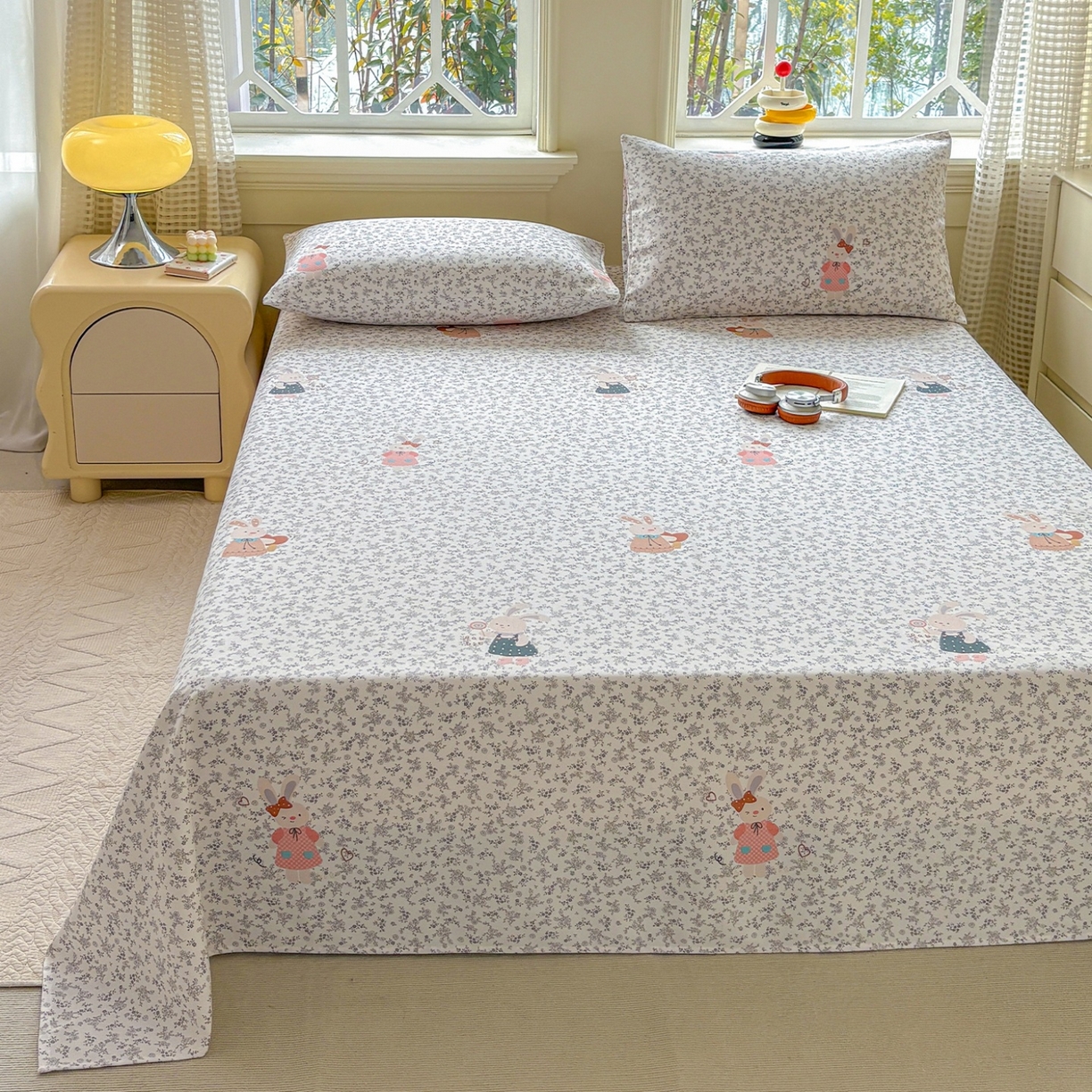 91家纺网 家纺一手货源 找家纺 青泽家纺 2025新款原棉标老粗布系列床单三件套 花间兔