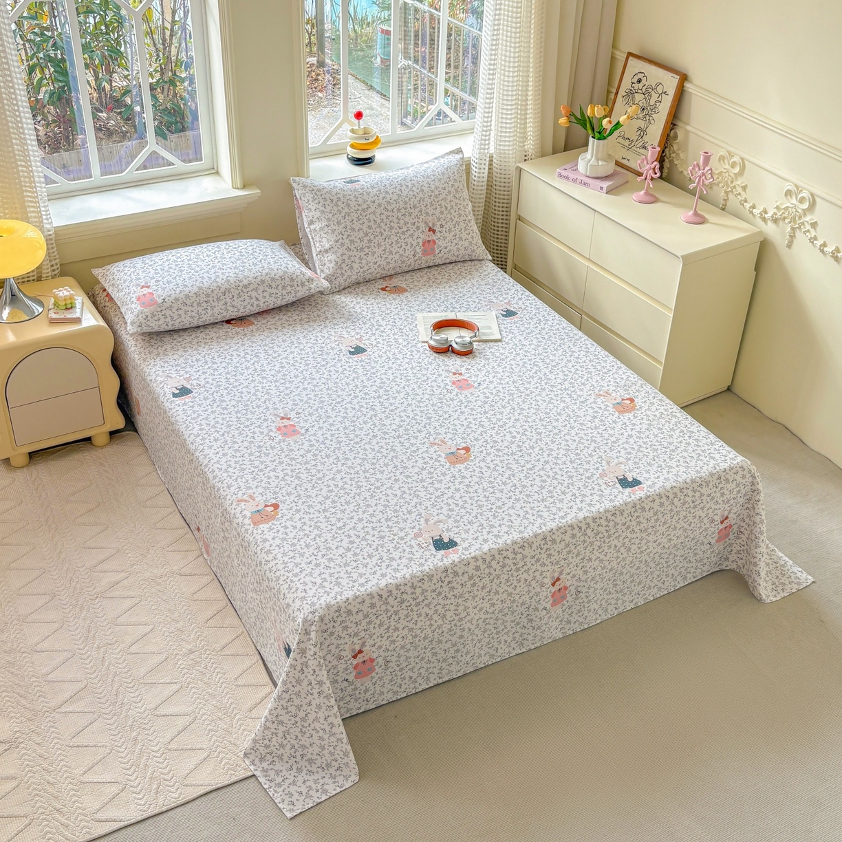 91家纺网 家纺一手货源 找家纺 青泽家纺 2025新款原棉标老粗布系列床单三件套 花间兔