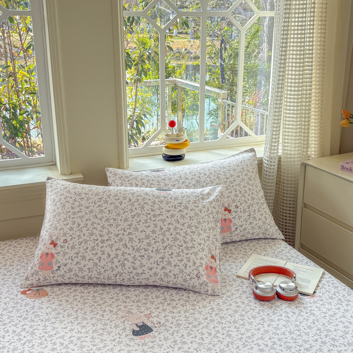 91家纺网 家纺一手货源 找家纺 青泽家纺 2025新款原棉标老粗布系列床单三件套 花间兔