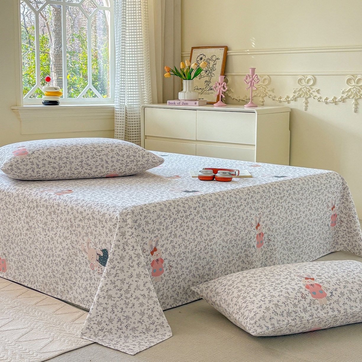 91家纺网 家纺一手货源 找家纺 青泽家纺 2025新款原棉标老粗布系列床单三件套 花间兔