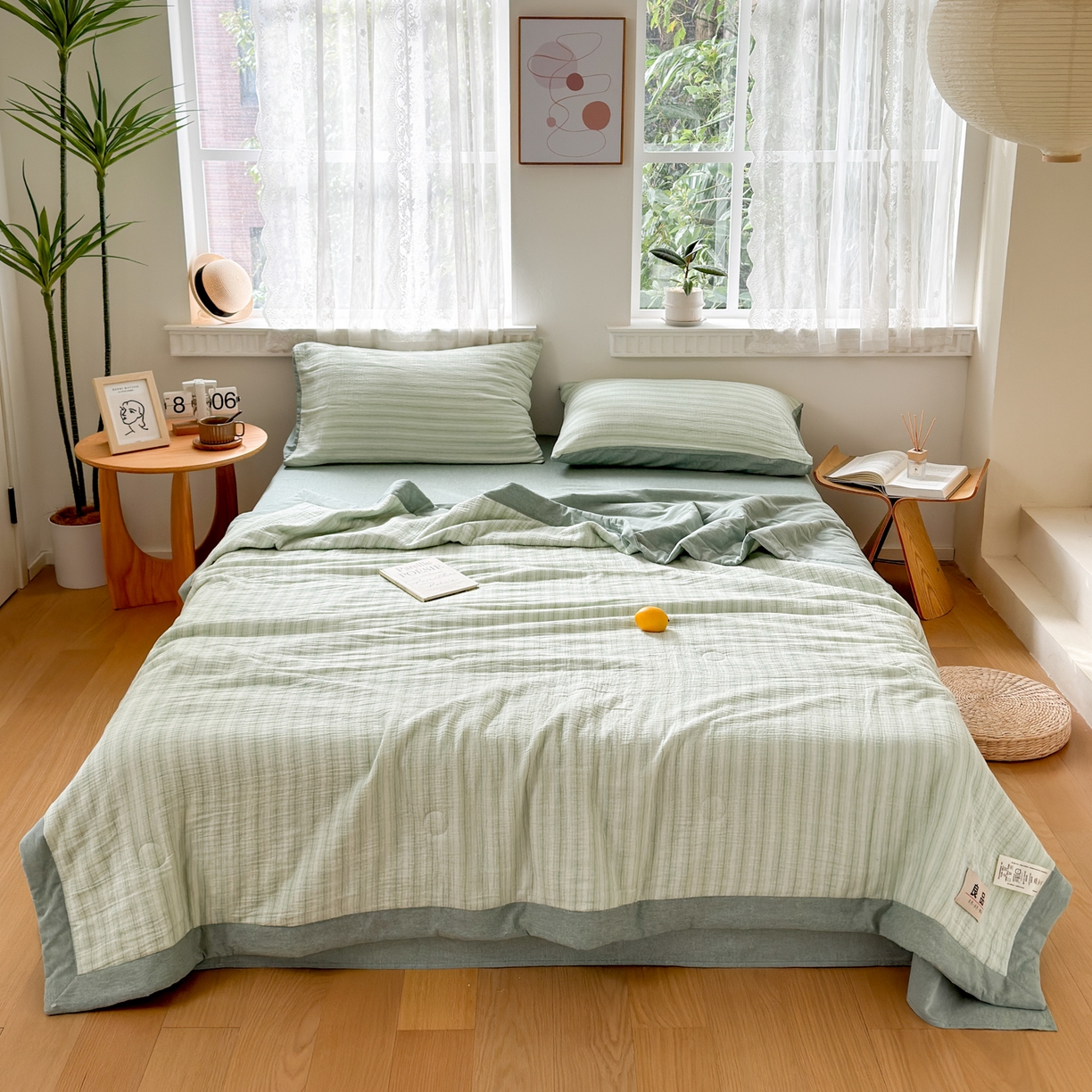 91家纺网 家纺一手货源 找家纺 雯雨家纺 2026新款A类里外全棉皱皱纱新疆棉花夏被空调被 米洛-水绿