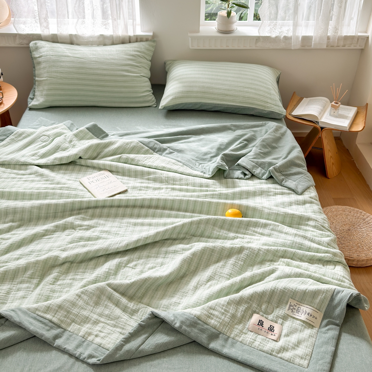 91家纺网 家纺一手货源 找家纺 雯雨家纺 2026新款A类里外全棉皱皱纱新疆棉花夏被空调被 米洛-水绿
