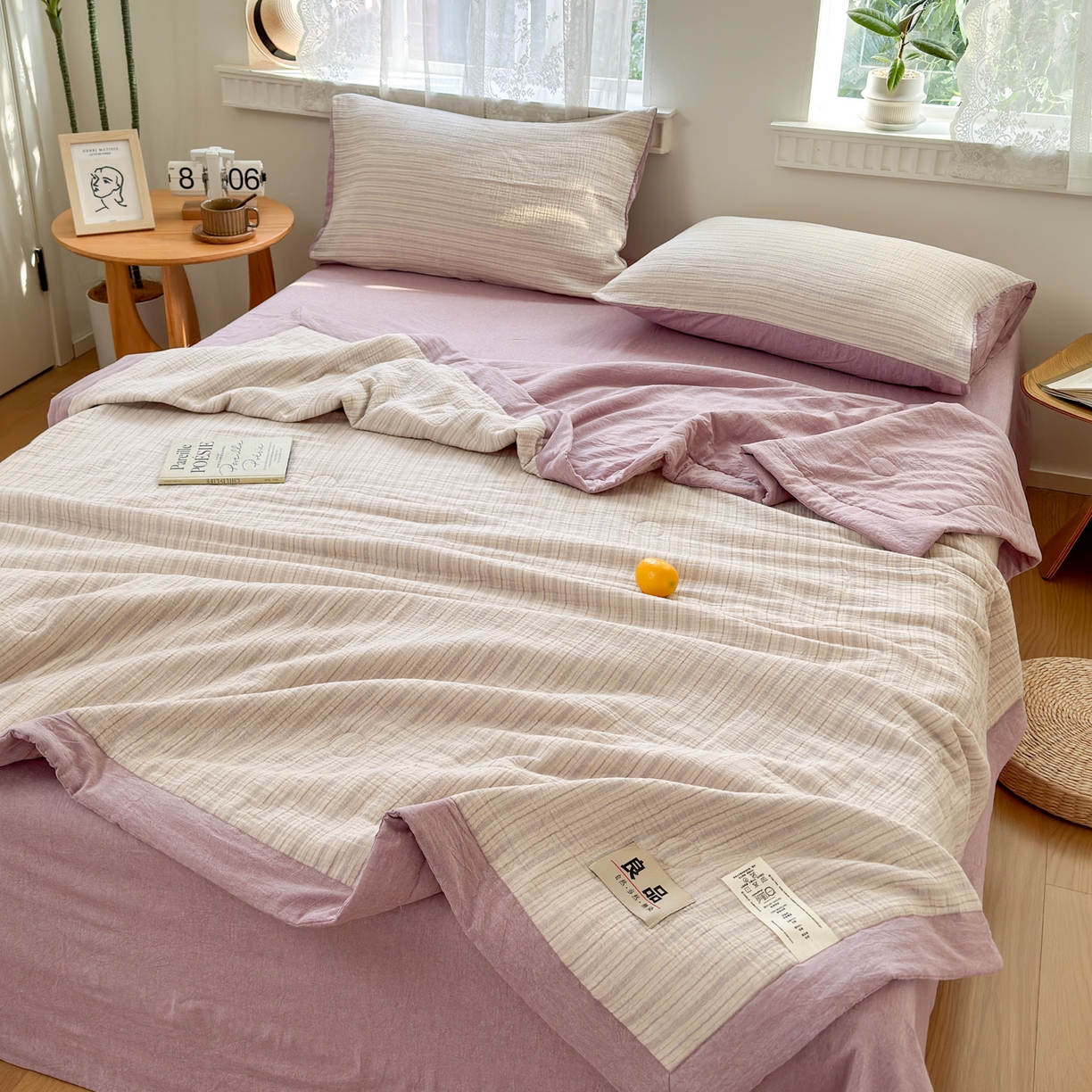 91家纺网 家纺一手货源 找家纺 雯雨家纺 2026新款A类里外全棉皱皱纱新疆棉花夏被空调被 米洛-浅紫