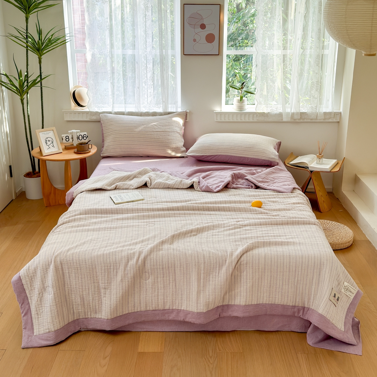 91家纺网 家纺一手货源 找家纺 雯雨家纺 2026新款A类里外全棉皱皱纱新疆棉花夏被空调被 米洛-浅紫