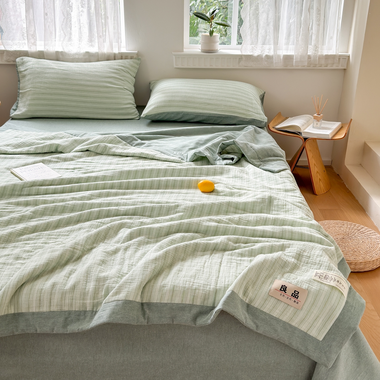 91家纺网 家纺一手货源 找家纺 雯雨家纺 2026新款A类里外全棉皱皱纱新疆棉花夏被空调被 米洛-水绿