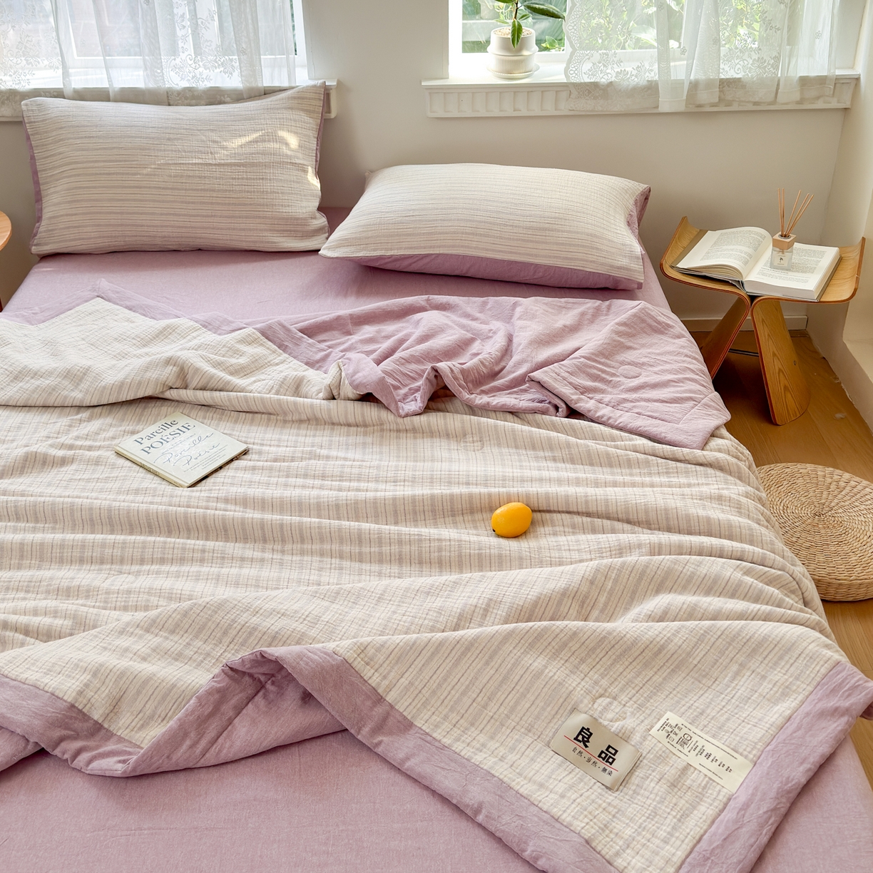 91家纺网 家纺一手货源 找家纺 雯雨家纺 2026新款A类里外全棉皱皱纱新疆棉花夏被空调被 米洛-浅紫