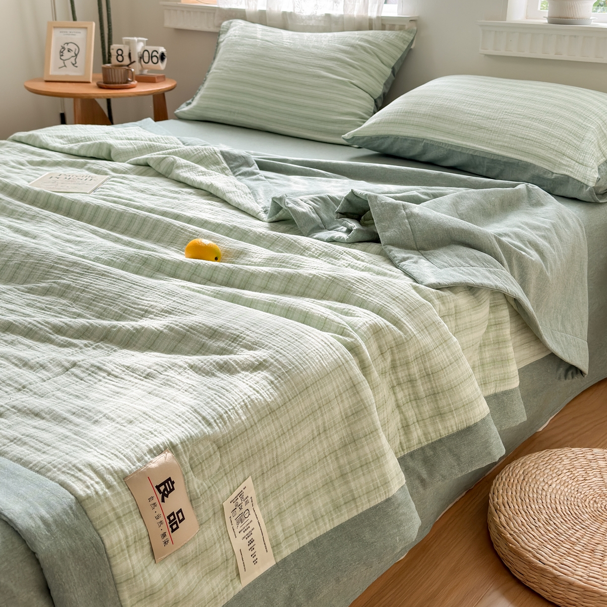91家纺网 家纺一手货源 找家纺 雯雨家纺 2026新款A类里外全棉皱皱纱新疆棉花夏被空调被 米洛-水绿