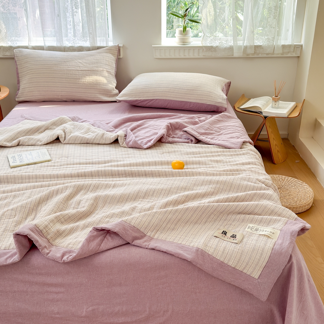 91家纺网 家纺一手货源 找家纺 雯雨家纺 2026新款A类里外全棉皱皱纱新疆棉花夏被空调被 米洛-浅紫