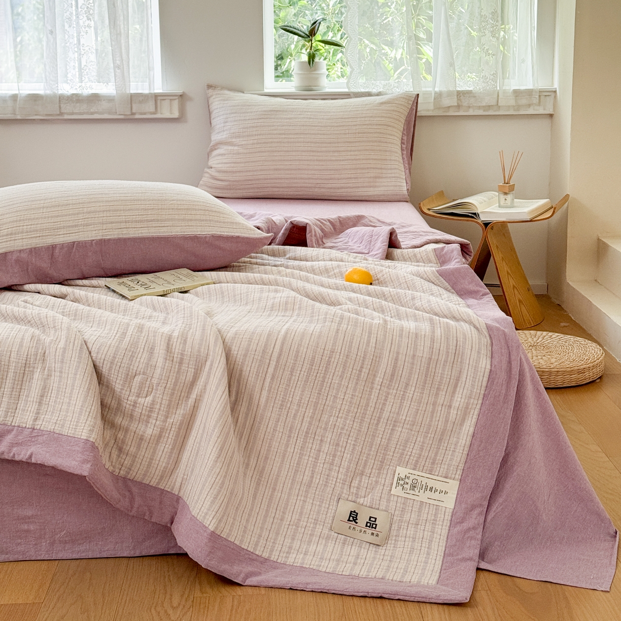 91家纺网 家纺一手货源 找家纺 雯雨家纺 2026新款A类里外全棉皱皱纱新疆棉花夏被空调被 米洛-浅紫