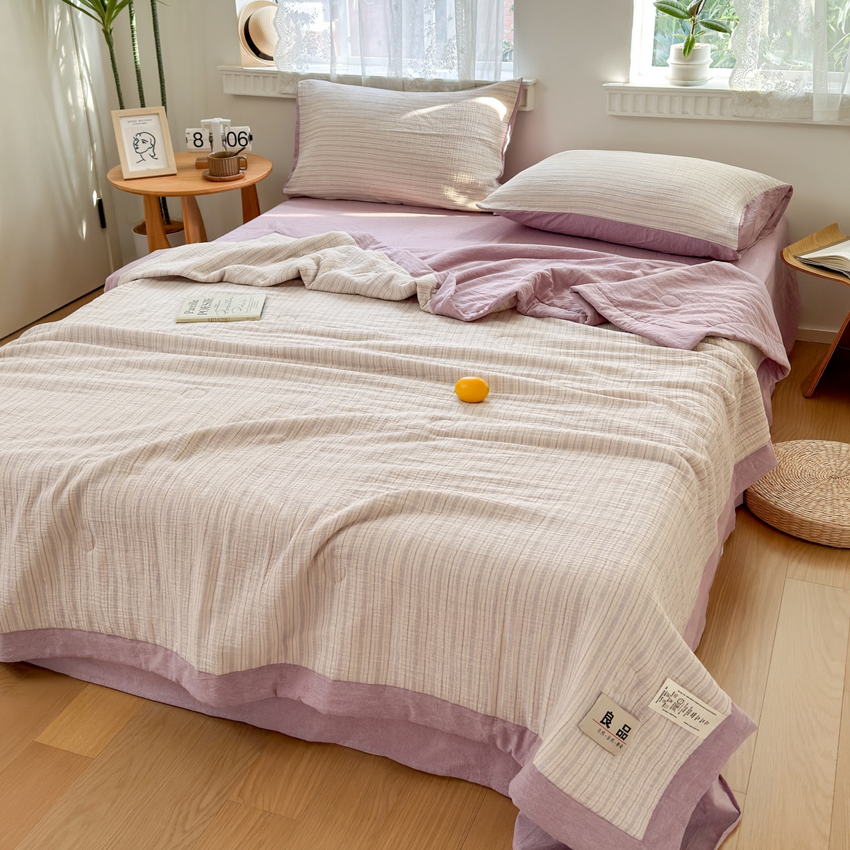 91家纺网 家纺一手货源 找家纺 雯雨家纺 2026新款A类里外全棉皱皱纱新疆棉花夏被空调被 米洛-浅紫