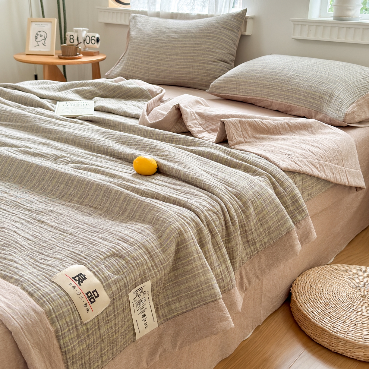 91家纺网 家纺一手货源 找家纺 雯雨家纺 2026新款A类里外全棉皱皱纱新疆棉花夏被空调被 米洛-松果褐