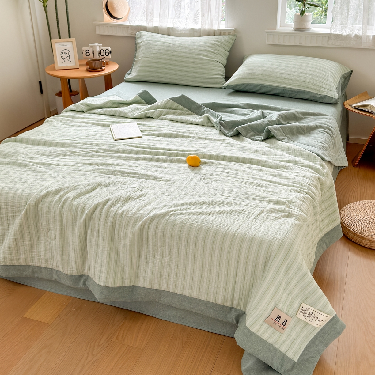 91家纺网 家纺一手货源 找家纺 雯雨家纺 2026新款A类里外全棉皱皱纱新疆棉花夏被空调被 米洛-水绿