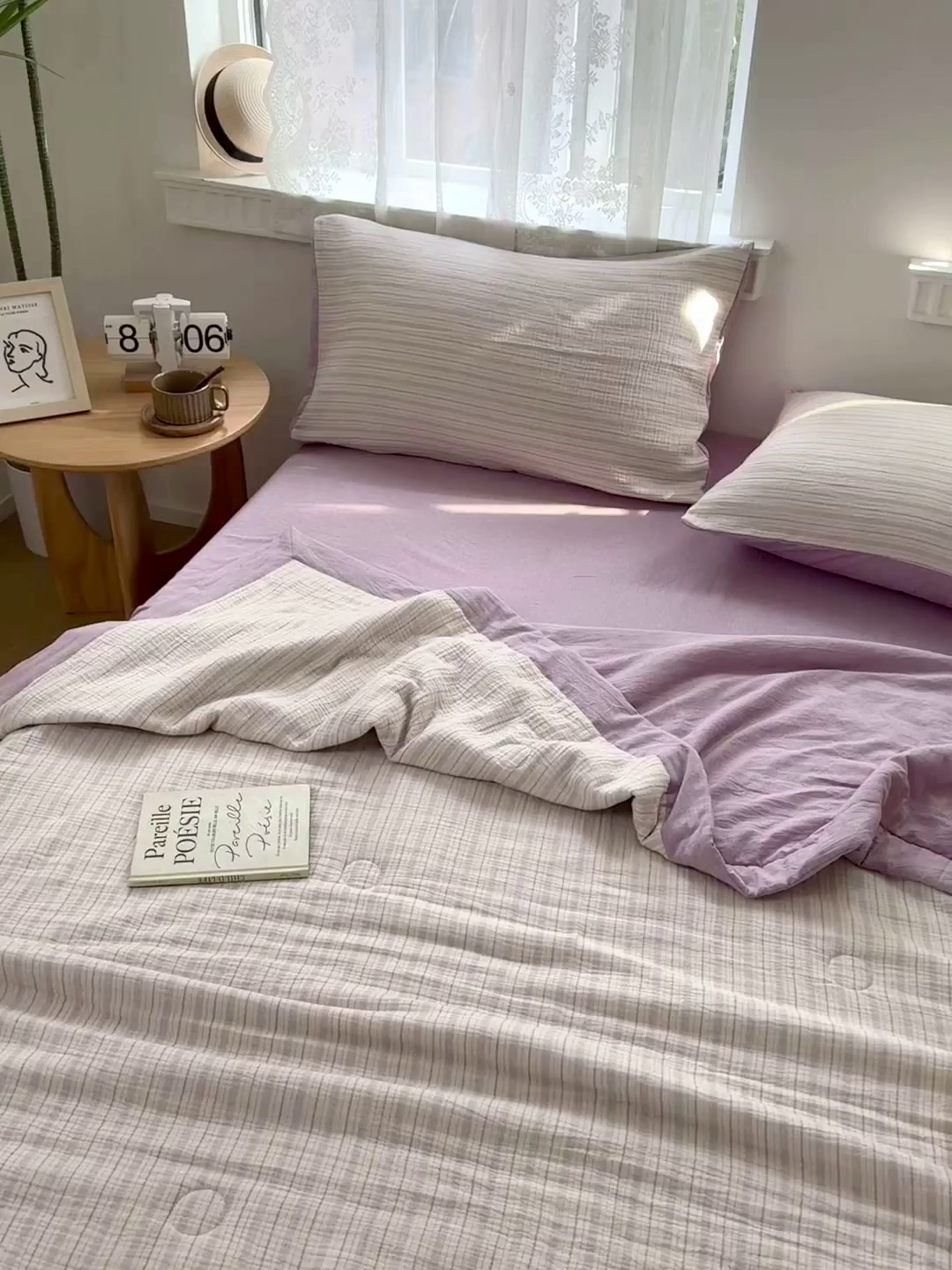 91家纺网 家纺一手货源 找家纺 雯雨家纺 2026新款A类里外全棉皱皱纱新疆棉花夏被空调被 米洛-浅紫