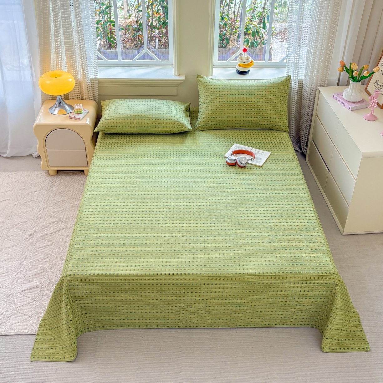 91家纺网 家纺一手货源 找家纺 青泽家纺 2025新款原棉标老粗布系列床单三件套 沐研绿